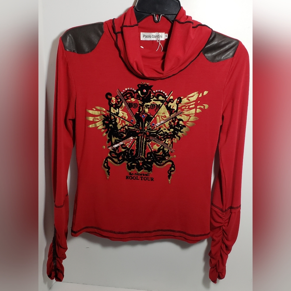 Paolo Santini Rool Tour Red Graphic Embellished Women's Top Long Sleeve Size M